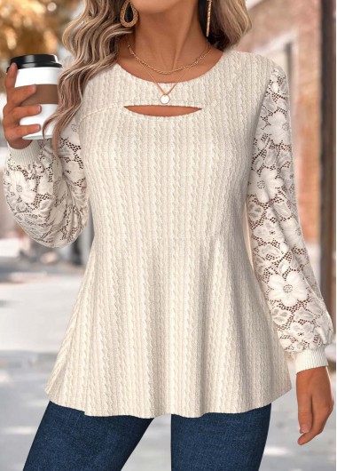 Modlily Beige Tummy Coverage Long Sleeve Round Neck T Shirt - XXL