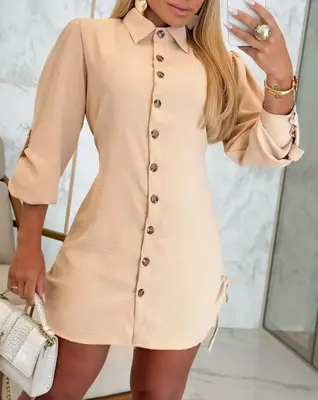 Women Shirt Dress Long Sleeve Button Down Blouses Side Drawstring Mini Dresses