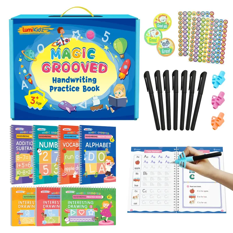 [FallDealsForYou]2025 New 7 Magic Grooved Writing Practice Books, Reusable paper Handwriting Workbooks,LumiKidz Large Copyboo...