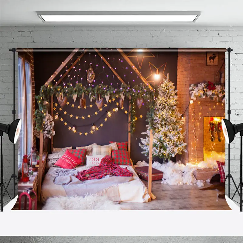 Fireplace Tree Bedroom Photo Christmas Backdrop - Aperturee