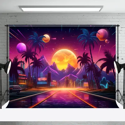 Cyberpunk City Palm Tree Summer Backdrop For Photo - Aperturee