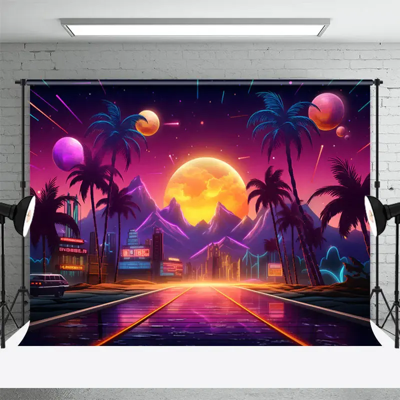 Cyberpunk City Palm Tree Summer Backdrop For Photo - Aperturee