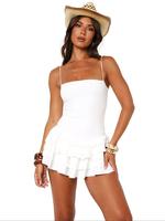 Women's Solid Color Ruffle Trim Cami Romper, Casual Comfy Sleeveless Spaghetti Strap Romper for Daily Wear, Ladies Clothes fo...