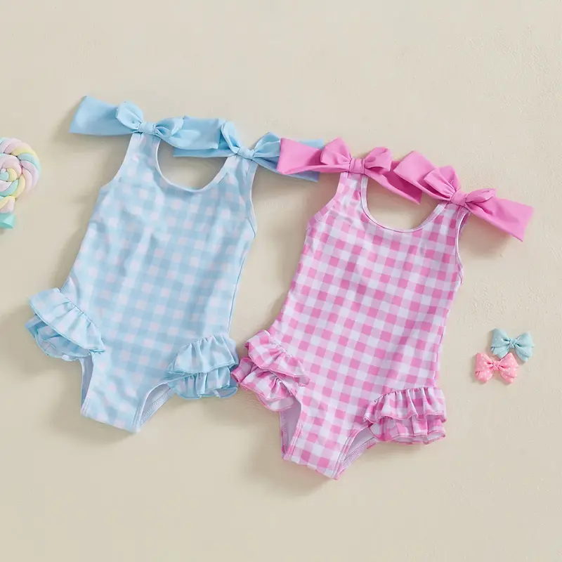 Infant Baby Girl Swimsuit Plaid Ruffle Bowknot Toddler Sleeveless Bathing Suit  Swimwear