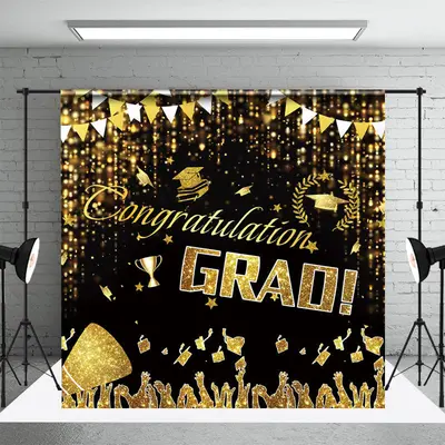 Black Gold Caps Congratulation Grad Party Backdrop - Aperturee