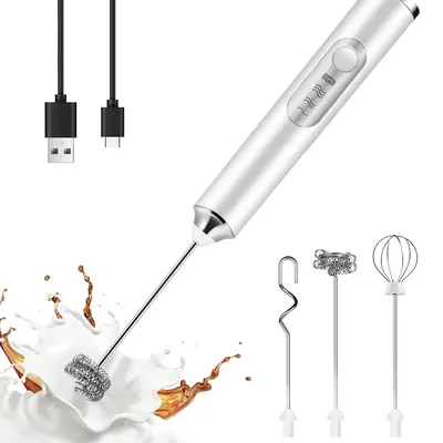 Rechargeable Milk Frother - 3-in-1 Handheld Frother with 3 Heads & 3 Speeds | Detachable Stainless Steel Whisk | Perfect for ...