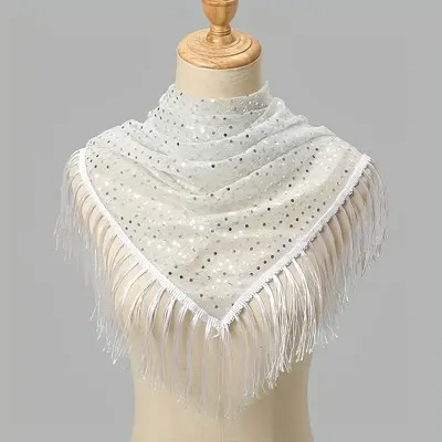 Lightweight Polyester Muslim Hijab with Sequins & Fringe - Classic Hollow-Out Design for Casual & Formal Wear - Hand Wash Onl...
