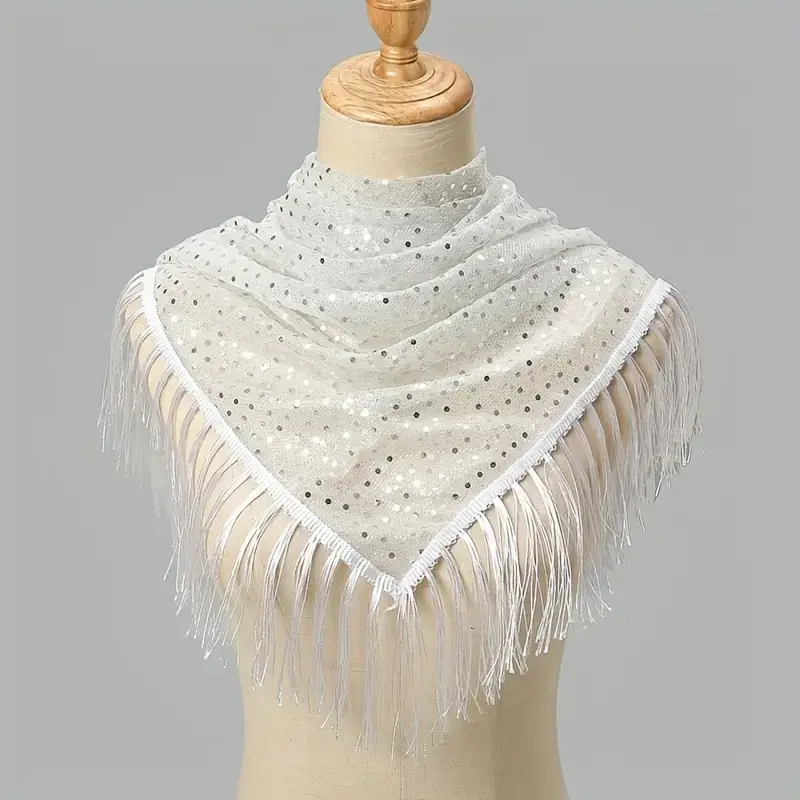 Lightweight Polyester Muslim Hijab with Sequins & Fringe - Classic Hollow-Out Design for Casual & Formal Wear - Hand Wash Onl...