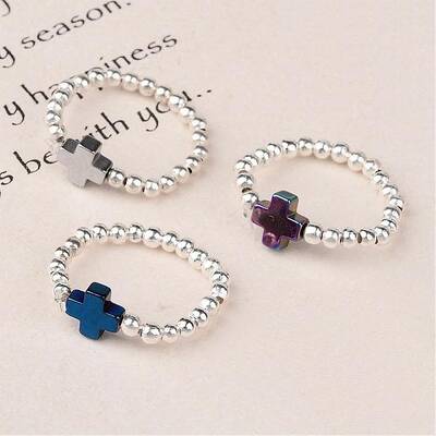 Cross Non-Magnetic Synthetic Hematite Beaded Stretch Rings