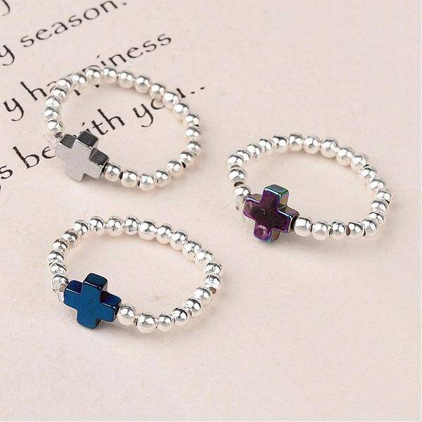Cross Non-Magnetic Synthetic Hematite Beaded Stretch Rings