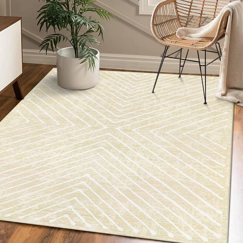 Garvee Large Area Rug 10x13 Rug for Bedroom Washable Modern Living Room Rug Contemporary Stripe Beige Rug Non Slip Low Pile T...