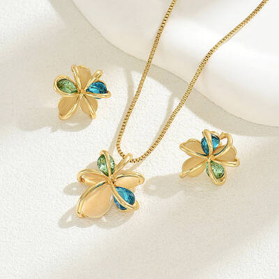 Flower Brass & Cubic Zirconia & Cat Eye Pendant Necklaces & Stud Earrings Sets