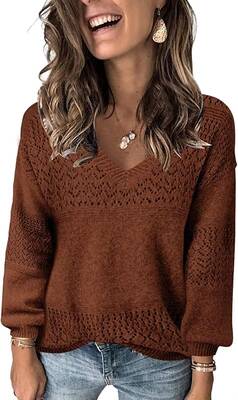 Womens Sweaters 2025 Fall V Neck Long Sleeve Hollow Knit Pullover Sweaters for Women