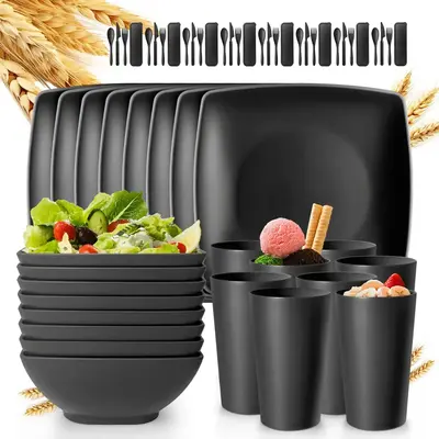 Black 24-Piece With Flatware Kitchen Plastic Wheat Straw Square Dinnerware Set for 8, Includes Snack Bowls, Tumblers, Dishwas...