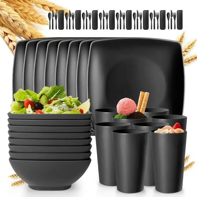 Black 24-Piece With Flatware Kitchen Plastic Wheat Straw Square Dinnerware Set for 8, Includes Snack Bowls, Tumblers, Dishwas...