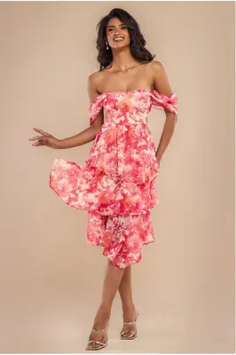 Goddiva Bardot Asymmetric Handkerchief Tier Midaxi - Blush