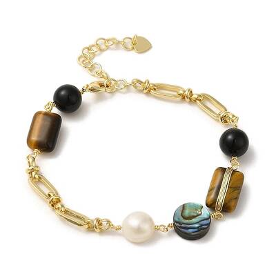 Natural Tiger Eye & Shell & Obsidian Link Bracelets