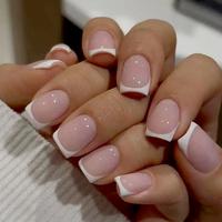 Sweet pink short nail stickers for girls with pure desire, white, French style, fashionable and versatile, classic and timele...