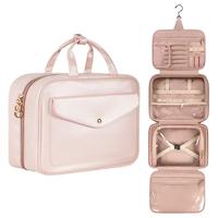 Travel Toiletry Bag for Women, 9L Faux Leather Hanging Makeup Bag with Metal Snap Handle, Large Waterproof Cosmetic Bags Mult...