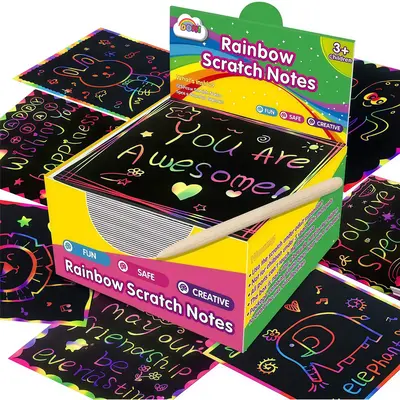 125pcs Rainbow Scratch Paper Art Crafts Mini Notes Kids Gifts 4 5 6 7 8 9 10 Years Old Girls Boys Students Teens Classroom Pr...