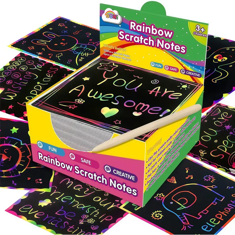 125pcs Rainbow Scratch Paper Art Crafts Mini Notes Kids Gifts 4 5 6 7 8 9 10 Years Old Girls Boys Students Teens Classroom Pr...