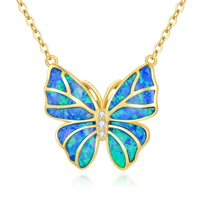 14K Gold Cubic Zirconia & Opal Butterfly Pendant Necklace