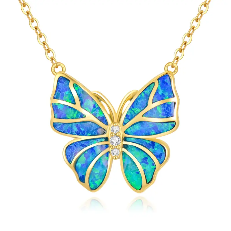 14K Gold Cubic Zirconia & Opal Butterfly Pendant Necklace