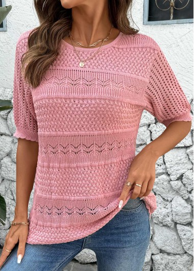 Modlily Pink Round Neck Short Sleeve Crochet Ladies Top - XL