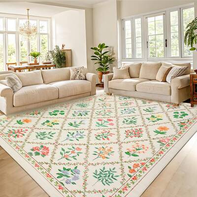 Garvee Large Dining Room Rug 10x13 Floral Diamond Pattern Stain-Resistant Soft Polyester Low Pile Non-Slip Beige Farmhouse Li...