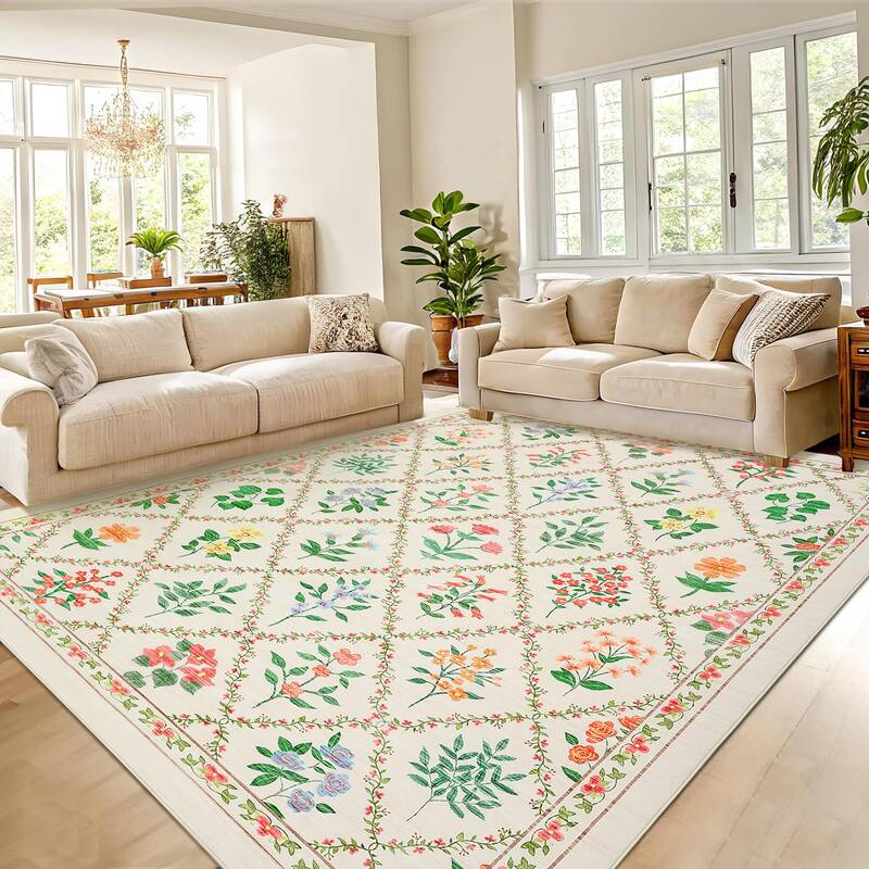 Garvee Large Dining Room Rug 10x13 Floral Diamond Pattern Stain-Resistant Soft Polyester Low Pile Non-Slip Beige Farmhouse Li...