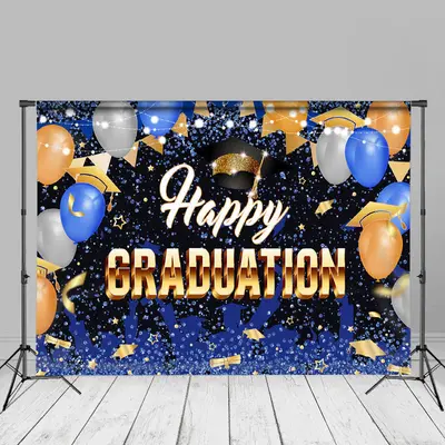 Balloon Hat Glitter Blue Graduation Photo Backdrop - Aperturee