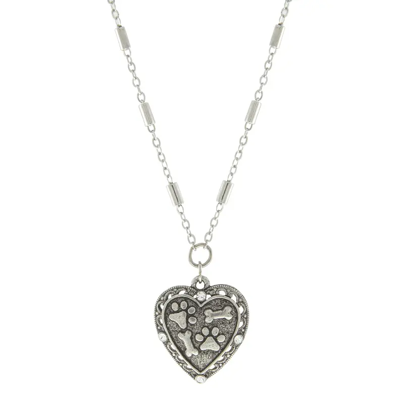 Silver Tone Heart Paw and Bones Necklace 16 Adj