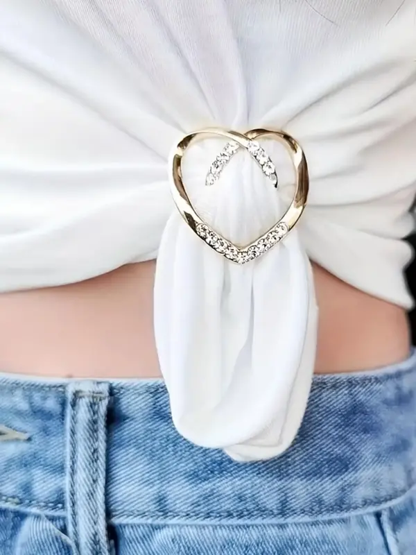 Rhinestone Heart Shaped Clothes Knotted Buckle, Summer 2024 New Stylish Elegant Trendy Clothes Hem Clips, Cute Accessories fo...