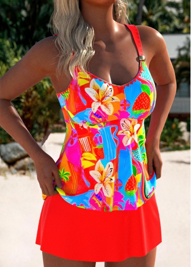 Modlily Mid Waisted Geometric Print Coral Tankini Set - M
