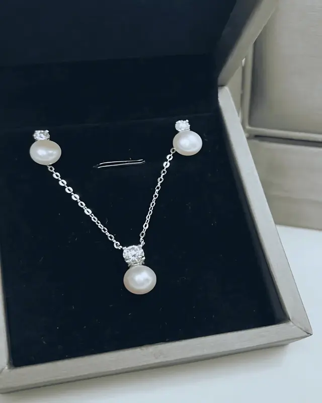 Diamond Pearl Pendant Necklace + Pearl Stud Earrings Jewelry Bundle Set