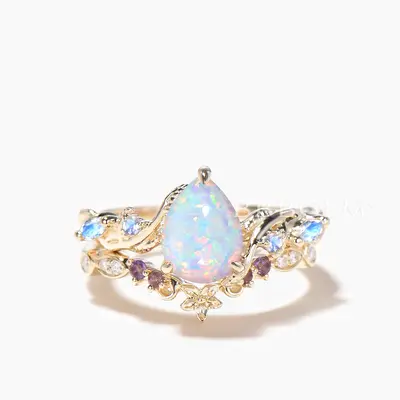 Pear Cut Opal Engagement Ring Moonstone Amethyst Nature Inspired Bridal Set