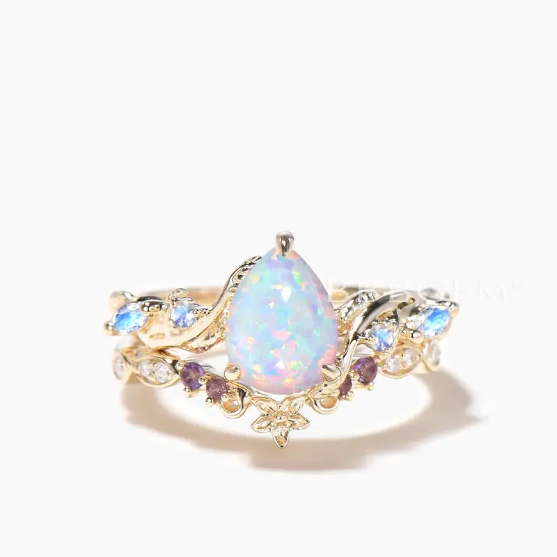 Pear Cut Opal Engagement Ring Moonstone Amethyst Nature Inspired Bridal Set