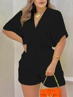 Women's Plain Knot Front Batwing Sleeve Romper, Casual Basic V Neck Shirred Romper for Summer, Minimalist Fashion Women's Clo...