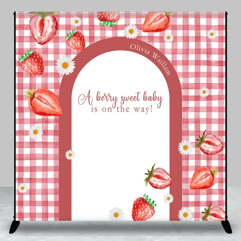 Custom Red Strawberry Plaid Baby Shower Backdrop - Aperturee