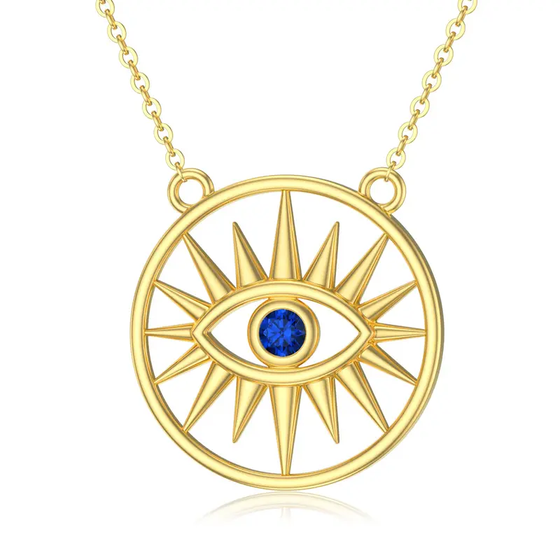 14K Gold Cubic Zirconia Evil Eye Sun Pendant Necklace