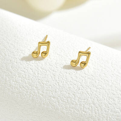 Real 18K Gold Plated Elegant Vintage Casual Fashion Stainless Steel Musical Note Stud Earrings for Women