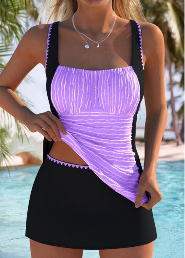 Modlily Jacquard Mid Waisted Purple Tankini Set - S
