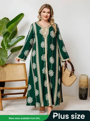 ćPlus SizećFloral Print V Neck Dress, Elegant Long Sleeve Dress for Spring & Fall, Women's Clothes for Daily Wear