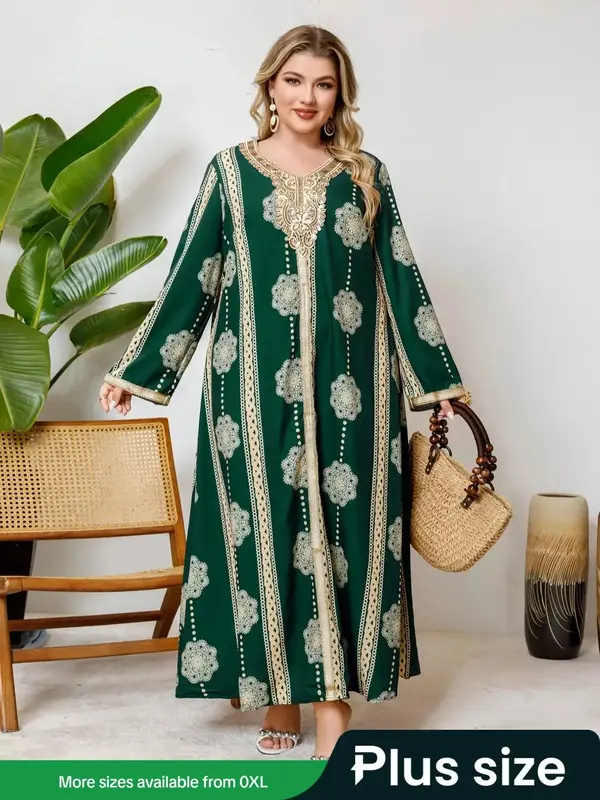 【Plus Size】Floral Print V Neck Dress, Elegant Long Sleeve Dress for Spring & Fall, Women's Clothes for Daily Wear