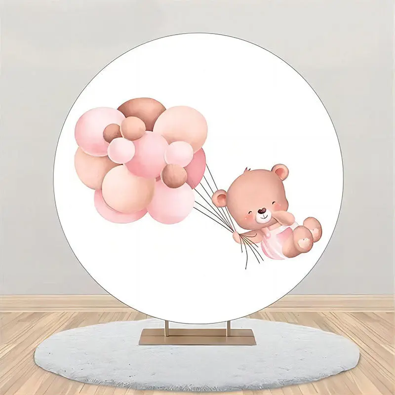 Round Pink Balloons Bear Backdrop For Baby Shower - Aperturee