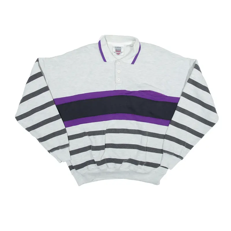 CLAYBROOKE Striped Sport Sweatshirt Grey Collared Mens L