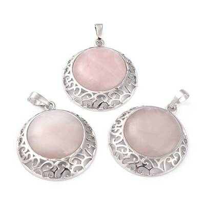 Natural Rose Quartz Pendants with Hollow Platinum Brass Findings
