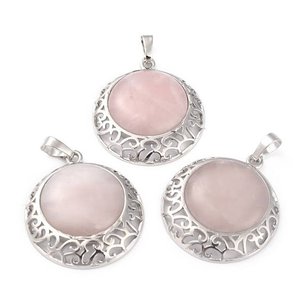 Natural Rose Quartz Pendants with Hollow Platinum Brass Findings