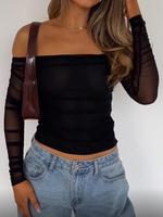 Women's Contrast Mesh Ruched Off Shoulder Tee, Chic Elegant Fashion Sheer Long Sleeve T-shirt Tops for Daily Outdoor Wear, Wo...