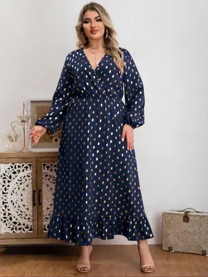 Plus Polka Dot Print Wrap V Neck A Line Dress, Women's Plus Size Long Sleeve Bishop Sleeve Dress for Spring & Fall, Women's C...